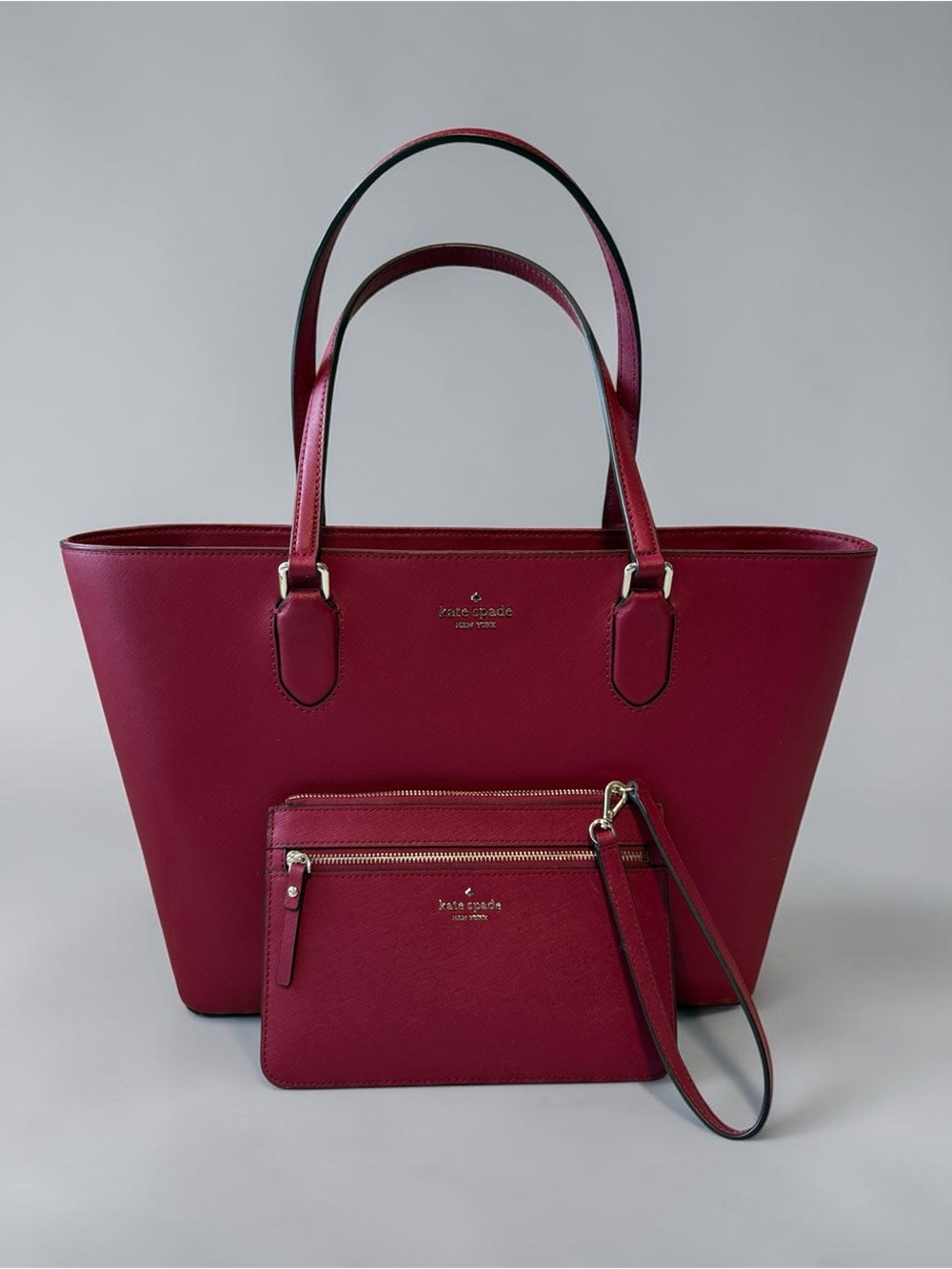 Kate Spade Cameron Large Tote + Wristlet Berry Red Saffiano Leather EUC